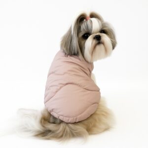 Designer Dog Puffer Jacket in Powder Rose, Worn by a Shih Tzu