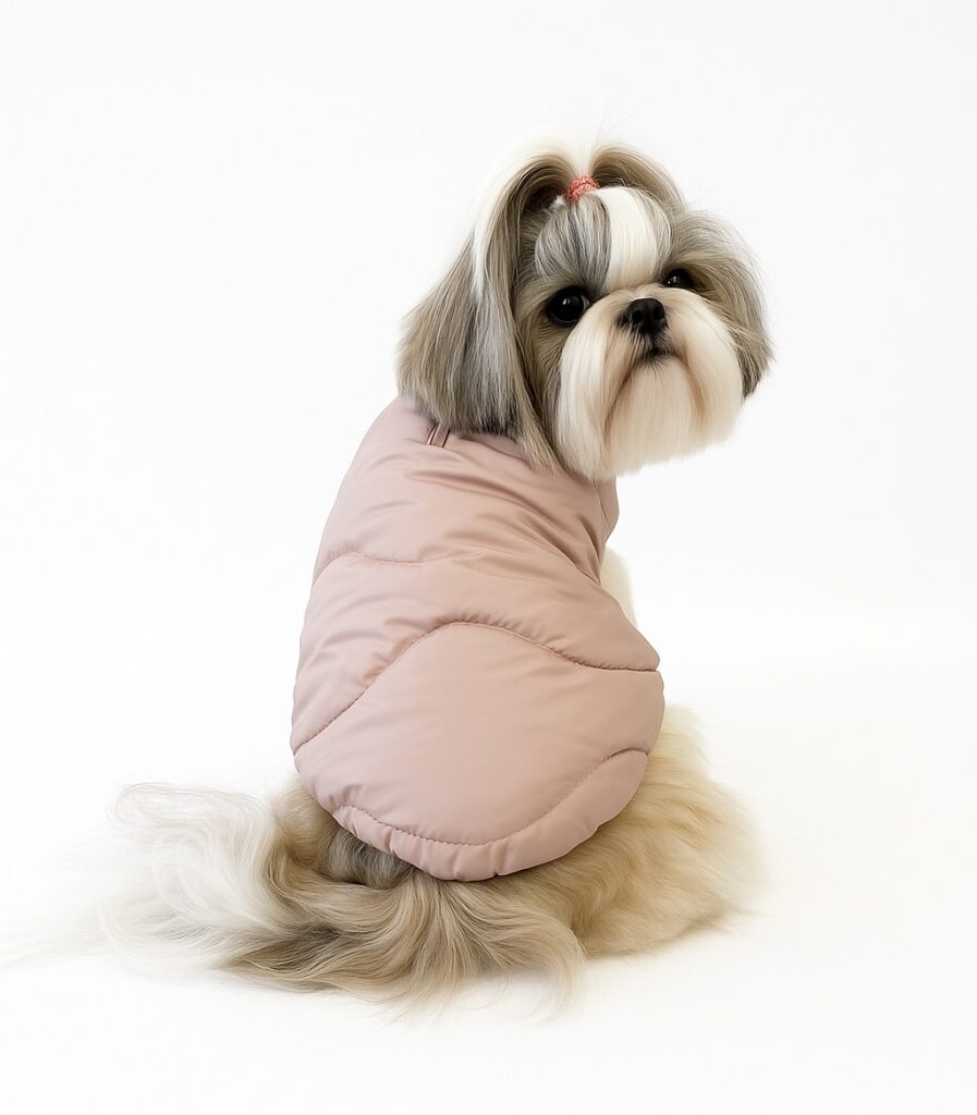 Designer Dog Puffer Jacket in Powder Rose, Worn by a Shih Tzu