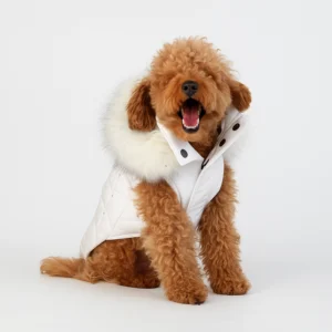HollyOwl luxury dog puffer vest, beautifully worn by a charming brown Poodle.