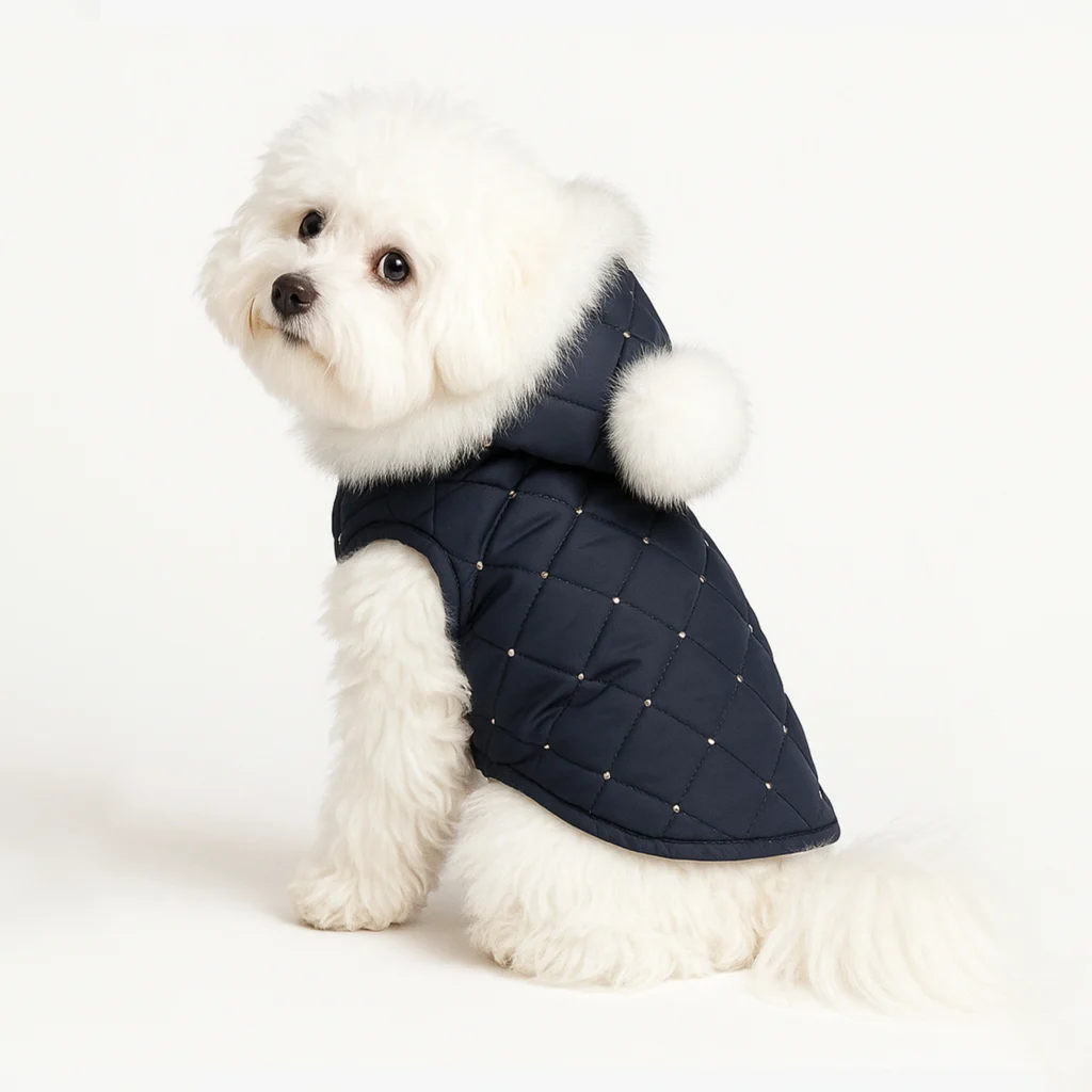 Elegante cappottino per cani in tessuto idrorepellente trapuntato indossato da un Maltese.