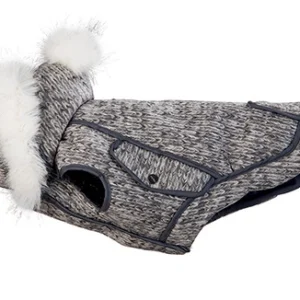 Cappottino impermeabile per cani di color grigio melange con dettagli in eco-pelliccia bianca, firmato Hollyowl.