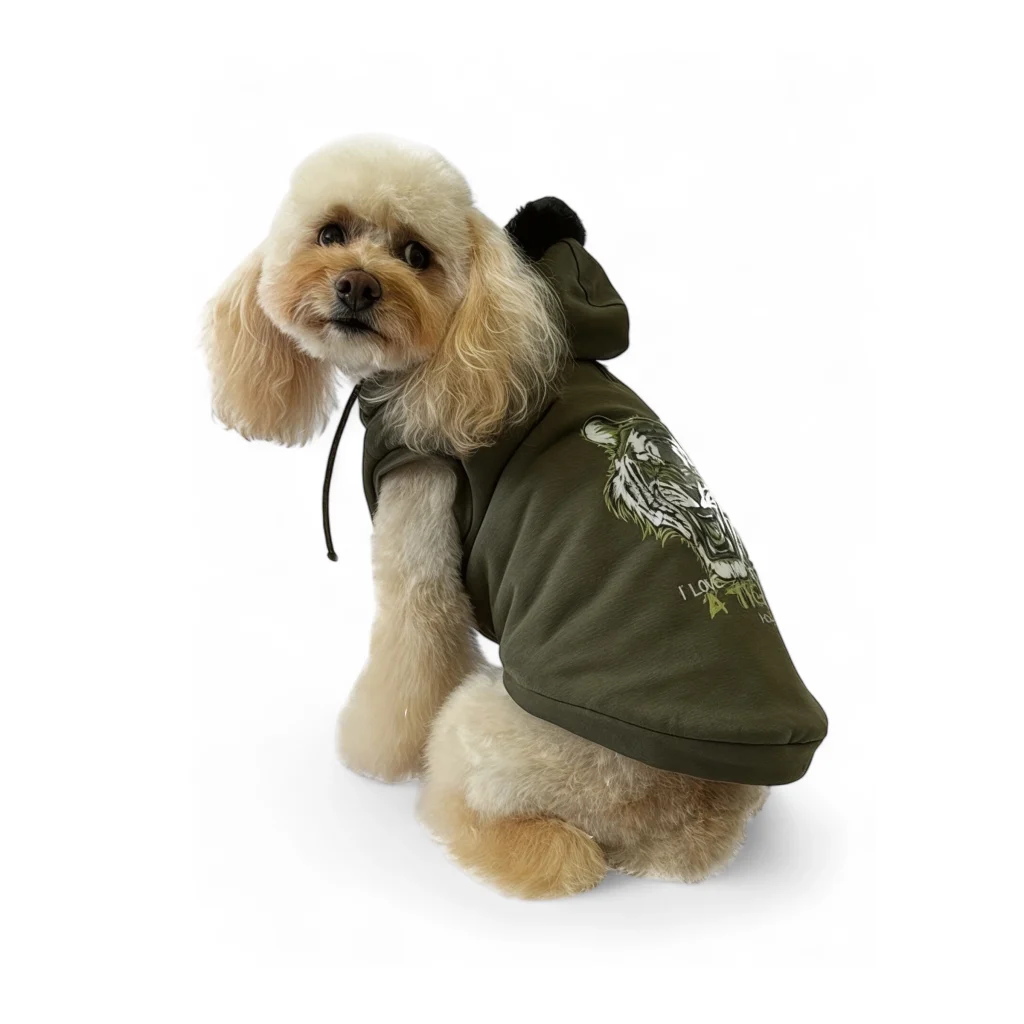 Trendy organic cotton dog hoodie wore by a poodle