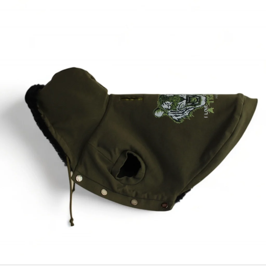 Felpa per cani in cotone biologico color verde militare con stampa di tigre sulla schiena
