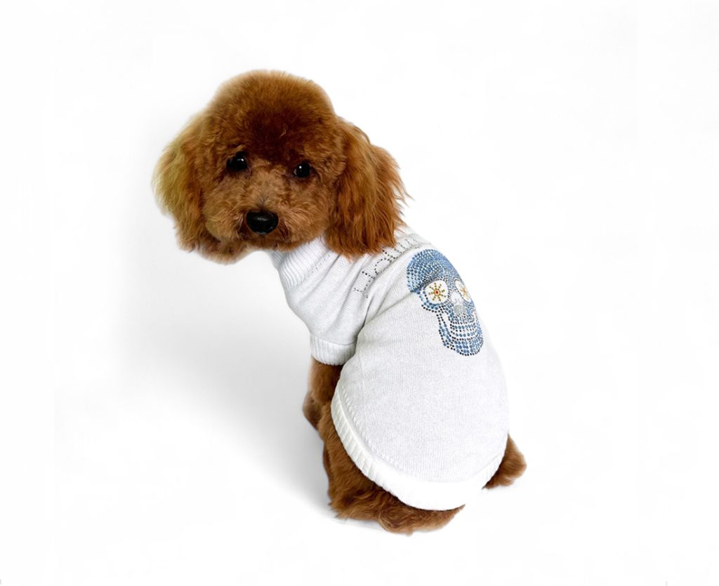 Maglione per cani in cashmere indossato da un grazioso barboncino marrone, brand Hollyowl