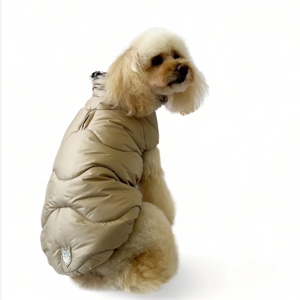 Piumino invernale per cani color sabbia indossato da barboncino champagne - firmato Hollyowl.