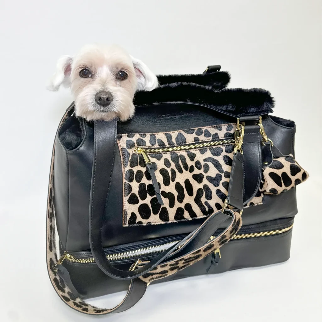 Borsa di lusso per cani in vera pelle con dettagli animalier wild-jaguar. Firmata Hollyowl