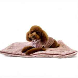 Tappeto di design da viaggio per cani di color rosa cipria e pelliccia ecologica della stessa nuance dove è seduto dolce barboncino marrone che indossa con felpa per cani rosa